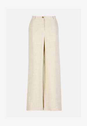 Beige linnen broek met brede pijpen, voorzien van een knoop- en ritssluiting aan de voorkant, riemlussen en een gladde, gestructureerde stofafwerking.