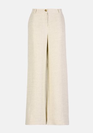 Beżowe lniane spodnie z szerokimi nogawkami, zapinane z przodu na guzik i suwak, z szlufkami na pasek oraz gładkim, teksturowanym wykończeniem tkaniny.