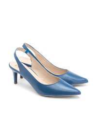 Siniset nahkaiset slingback-kengät, joissa on terävä kärki, kapea korko ja sileä pinta. Sisäpuolella on beige sisäpohja.