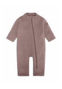 Dječji kombinezon od runa u mekanoj ljubicasto-smeđoj boji s visokim ovratnikom, dugim rukavima, zatvaračem preko cijele prednje strane i rebrastim manžetnama. Sadrži mali logotip na rukavu.