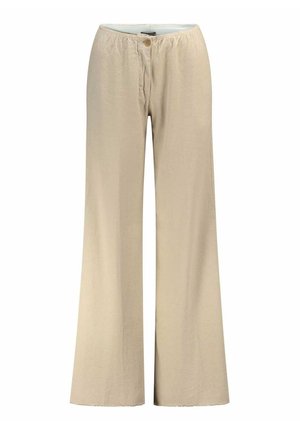 Pantalon beige à jambes larges avec ceinture élastique, fermeture par bouton et sans poches visibles, présenté sur fond blanc.