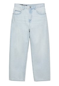 Jasnoniebieskie, luźne, szerokie dżinsy z pięcioma kieszeniami i zapięciem na guziki w pasie, przedstawione na płasko na białym tle.