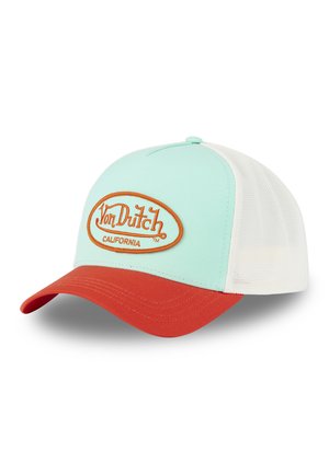 Casquette de camionneur avec un devant vert menthe, des côtés en mesh blanc et une visière rouge. Présente un logo brodé orange "Von Dutch California".