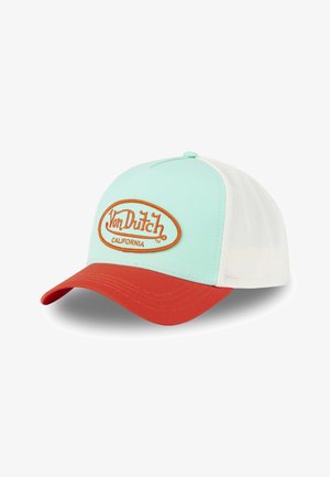 Casquette de camionneur avec un devant vert menthe, des côtés en mesh blanc et une visière rouge. Présente un logo brodé orange "Von Dutch California".