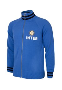 Blauwe zip-up sweater van gebreide stof, met een hoge kraag met zwarte strepen en een geborduurd "INTER" logo op de borst.
