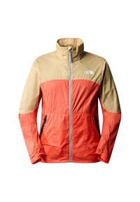 Waterbestendige jas in oranje en beige, met een hoge kraag, een volledige ritssluiting aan de voorkant en twee zijzakken, met een lichtgewicht textuur.