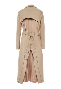 Cappotto trench beige con una fodera interna a righe marrone chiaro, vita con cintura, maniche lunghe e chiusura a bottoni frontalmente.