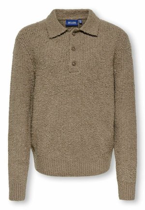 Pull marron en tricot avec manches longues, patte de boutonnage à trois boutons, col et poignets et ourlet côtelés.