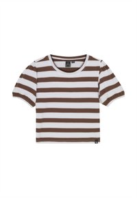 Brun och vit randig kortärmad topp med rund halslinning; tillverkad av strukturert tyg; har en liten logotypetikett vid fållen.