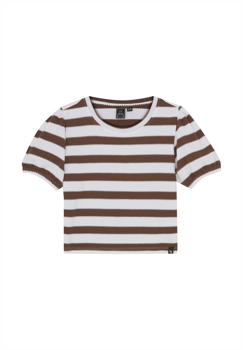 Brun och vit randig kortärmad topp med rund halslinning; tillverkad av strukturert tyg; har en liten logotypetikett vid fållen.