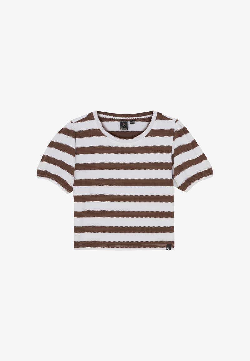 Brun och vit randig kortärmad topp med rund halslinning; tillverkad av strukturert tyg; har en liten logotypetikett vid fållen.