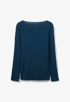 T-shirt à manches longues en bleu marine foncé. Texture lisse avec un col rond et des fentes sur les côtés à l'ourlet pour faciliter les mouvements. Sans motifs ni accents.