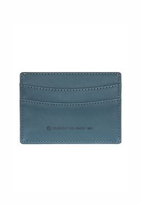 Kaarthouder in blauw leer met een gladde textuur. Beschikt over vier horizontale sleuven en geperste branding. Compact, rechthoekig ontwerp.