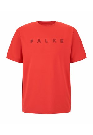Czerwona bawełniana koszulka z krótkimi rękawami, okrągłym dekoltem i teksturowanym logo "FALKE" w ciemniejszej czerwieni na klatce piersiowej.