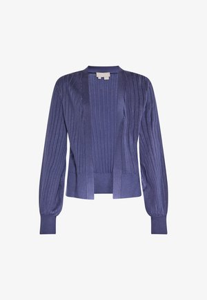 Lila bordázott kardigán hosszú ujjakkal, nyitott elülső részzel és texturált dizájnnal. Puha anyagú, fitted mandzsettákkal és laza siluettel.