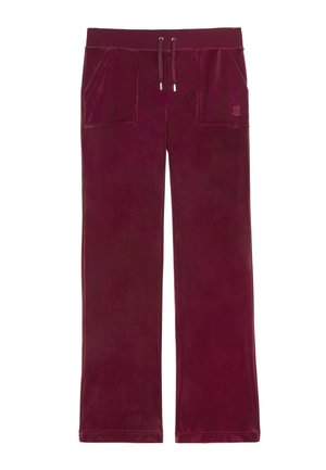 Velvet burgundy sweatpants with a drawstring waist, two front pockets, and a logo on the left pocket. Straight leg design, soft texture.