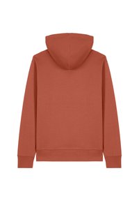 Sweatshirt à capuche de couleur terre cuite, avec des manches longues, un matériau en polaire texturé et un ourlet plat avec des poignets côtelés.