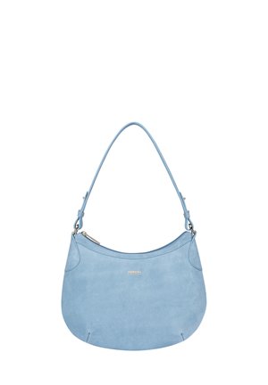 Light blue suede shoulder bag with a curved design, zip closure, and a single adjustable strap. Gold logo accent on the front.