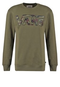 Sudadera verde oliva con cuello redondo, que presenta un gran logo "VANS" en camuflaje en el frente. Tejido suave con puños y dobladillo acanalados.