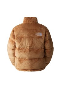 Veste matelassée en peluche marron avec col montant, design matelassé et logo The North Face sur la partie supérieure droite du dos.