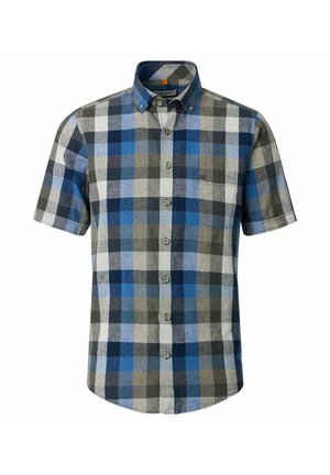 Koszula z krótkim rękawem zapinana na guziki, w niebieską, szarą i białą kratę, z kieszonką na piersi na białym tle.