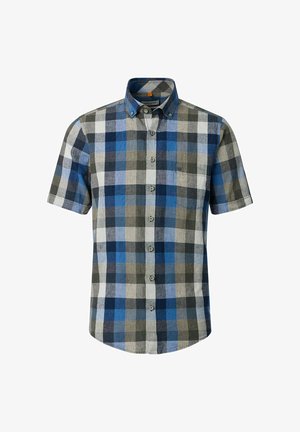 Koszula z krótkim rękawem zapinana na guziki, w niebieską, szarą i białą kratę, z kieszonką na piersi na białym tle.