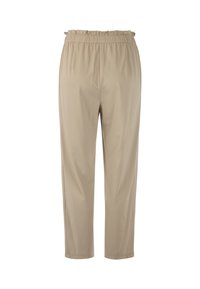 Beige, lightweight pants featuring an elasticated waist with a ruffled edge. Straight-leg design and smooth texture without pockets.