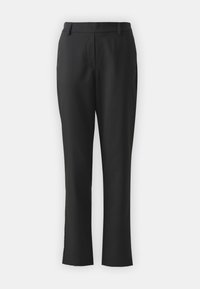 Černé kalhoty vyrobené z lehkého materiálu, s rovnými nohavicemi, dvěma předními kapsami a plochým pasem.