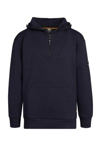 Felpa con cappuccio blu navy con mezza cerniera, tasca a marsupio e tessuto testurizzato. Presenta un'etichetta con logo sulla manica sinistra.