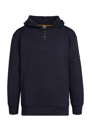 Námořnický modrý svetr s kapucí, s polo zipem, klokaní kapsou a texturovanou látkou. Obsahuje nášivku s logem na levém rukávu.