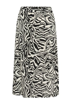 Svart och vit kjol med ett vågigt zebramönster, tillverkad av lätt tyg med en något strukturerad yta och elastisk midja.
