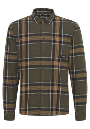 Zeleni karirani srajc z dolgimi rokavi iz flanelnega materiala. Ima gumbasto zaponko spredaj in majhno oznako na žepu na prsih.