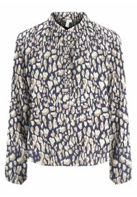 Blus med blommönster i marinblått, med krage, knappstängning fram och långa ärmar. Tillverkad av lätt, strukturerad tyg.