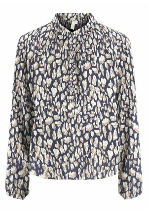 Blusa con motivo floreale di colore blu navale, con colletto, chiusura con bottoni e maniche lunghe. Realizzata in un tessuto leggero e testurizzato.