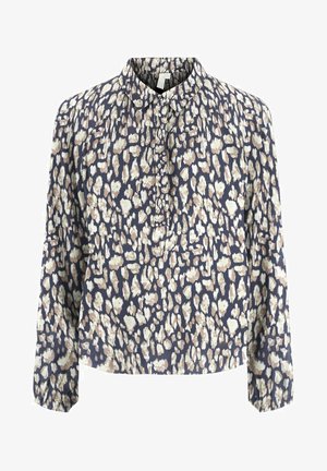 Blusa con motivo floreale di colore blu navale, con colletto, chiusura con bottoni e maniche lunghe. Realizzata in un tessuto leggero e testurizzato.