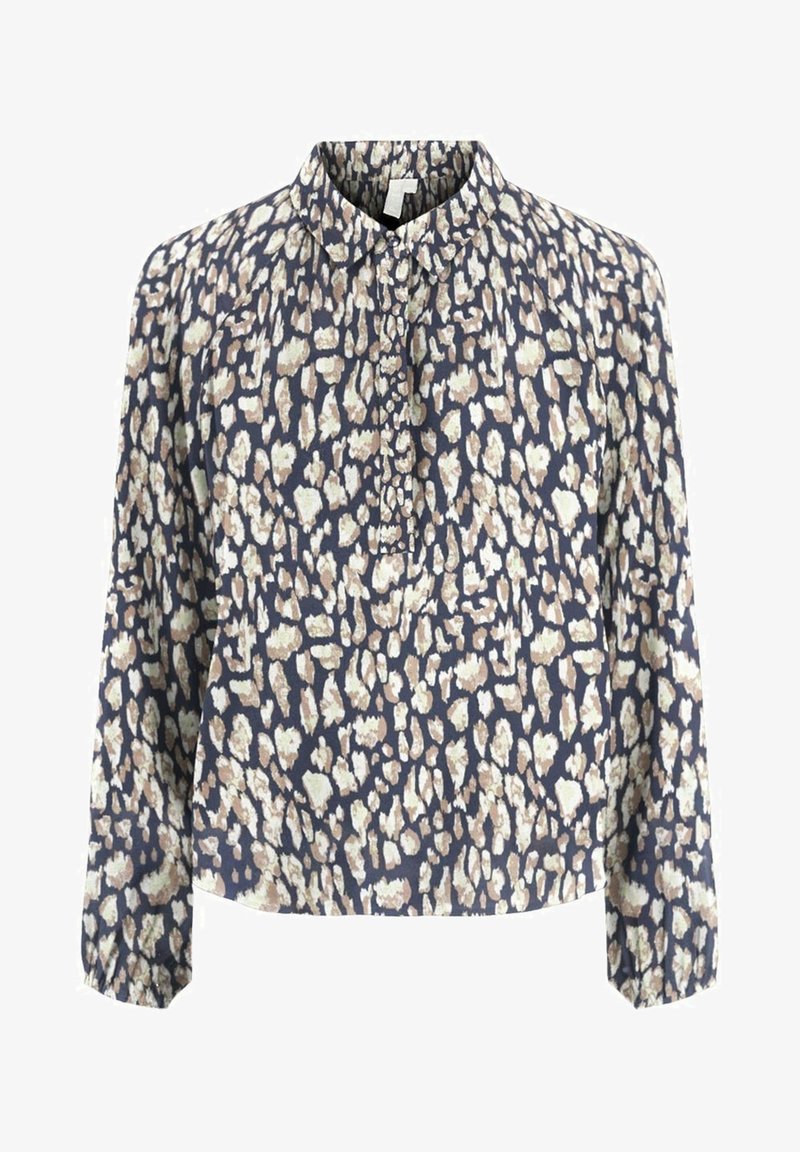 Blus med blommönster i marinblått, med krage, knappstängning fram och långa ärmar. Tillverkad av lätt, strukturerad tyg.