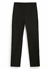Black trousers with a slim fit. Made of smooth fabric, featuring a flat front and vertical seams for a tailored appearance. Zipper closure at the waist.