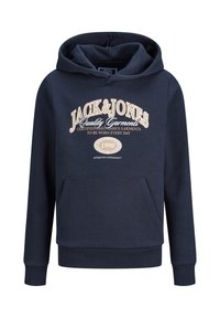 Marineblaue Kapuzenjacke mit Kordelzug, Fronttasche, gerippten Bündchen und Saum. Mit weißem Drucktext und einem Logo auf der Brust.