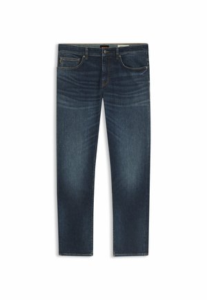 Mörkblå denimjeans med rakt ben. Funktioner inkluderar fem fickor, kontrasterande sömnad och dragkedja med knappstängning.
