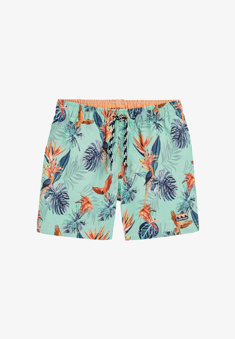 Turkiozinių raštų maudymosi šortai, dekoruoti tropiniais lapais ir paukščiais, su elastinga juosta ir juodu raišteliu.