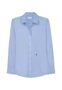 Camicia a maniche lunghe a righe blu e bianche con colletto a punta, patta frontale e accentuazione floreale nera ricamata sul lato sinistro.
