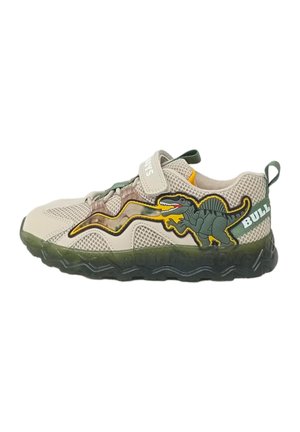Sneakers in rete beige con design di dinosauro verde e giallo, cinturino regolabile, suola in gomma e dettagli testurizzati a motivo ondulato.