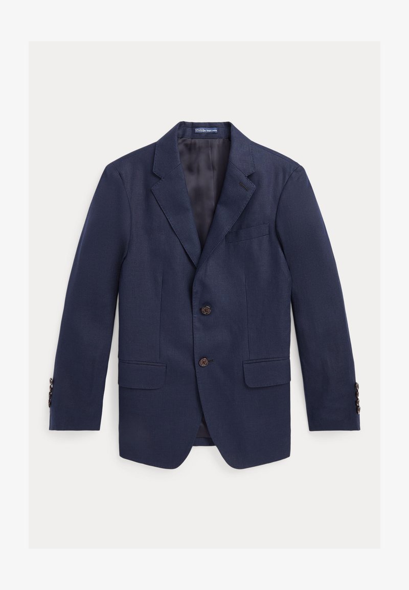 Μπλέιζερ ναυτικού στυλ από υφαντό ύφασμα, με μπροστινό κλείσιμο δύο κουμπιών, κολάρο notch και πλαϊνές τσέπες. Οι καφέ κουμπιά προσθέτουν λεπτομέρεια.