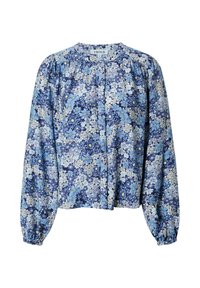 Blusa floreale blu con maniche lunghe e scollatura rotonda. Presenta un motivo denso di vari fiori e un tessuto leggermente textured.