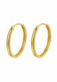 Goldene Creolen mit polierter Oberfläche, die eine glatte, runde Form und ein sicheres Verschlussdesign aufweisen. Der Durchmesser scheint mittelgroß zu sein.