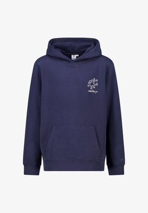 Navy blue cotton hoodie with a front pocket, drawstring hood, and a white graphic design on the left chest. Soft texture, casual fit.