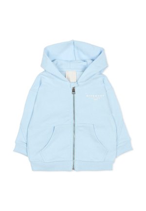 Jasnoniebieska bluza z kapturem dla malucha z przednim zamkiem, dwiema kieszeniami kangurzymi, prążkowanymi mankietami oraz nadrukowanym logo Givenchy na piersi.