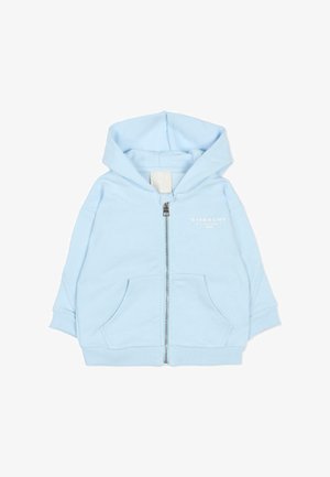 Jasnoniebieska bluza z kapturem dla malucha z przednim zamkiem, dwiema kieszeniami kangurzymi, prążkowanymi mankietami oraz nadrukowanym logo Givenchy na piersi.