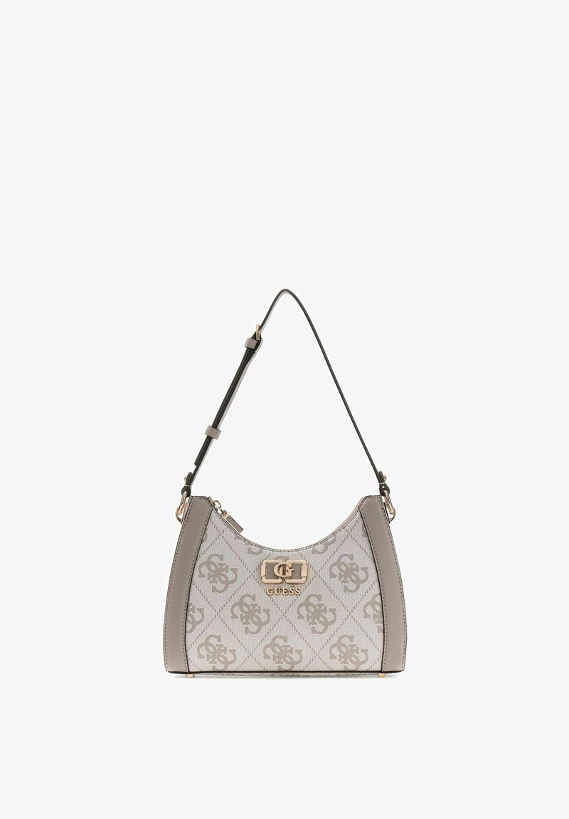 Sac à main Guess gris et beige avec motif logo, garnitures dorées et bandoulière noire réglable.