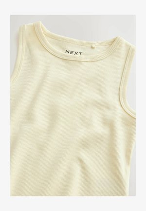 Bez rukávov rebrované krémové tielko s okrúhlym výstrihom a štítkom značky „NEXT“ vo vnútri goliera.